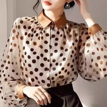 Load image into Gallery viewer, Woman wearing a polka dot blouse with a neutral background