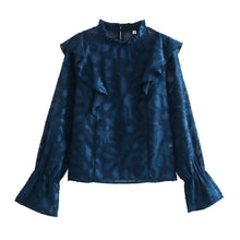 Load image into Gallery viewer, Chathams Blue Jacquard Smock Ruffles Blouse
