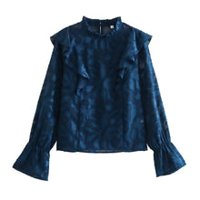 Load image into Gallery viewer, Chathams Blue Jacquard Smock Ruffles Blouse