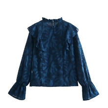 Load image into Gallery viewer, Chathams Blue Jacquard Smock Ruffles Blouse
