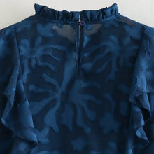 Load image into Gallery viewer, Chathams Blue Jacquard Smock Ruffles Blouse