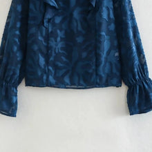 Load image into Gallery viewer, Chathams Blue Jacquard Smock Ruffles Blouse