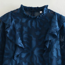 Load image into Gallery viewer, Chathams Blue Jacquard Smock Ruffles Blouse