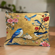 Load image into Gallery viewer, Pouch with blue birds and floral design on a gold background