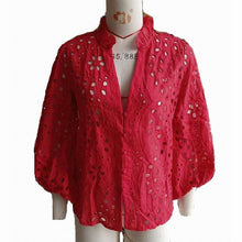 Load image into Gallery viewer, Embroidery Lace Hollow Out Lantern Sleeve Blouse Shirt