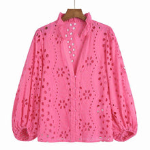 Load image into Gallery viewer, Embroidery Lace Hollow Out Lantern Sleeve Blouse Shirt