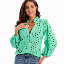 Load image into Gallery viewer, Embroidery Lace Hollow Out Lantern Sleeve Blouse Shirt