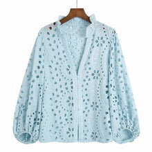 Load image into Gallery viewer, Embroidery Lace Hollow Out Lantern Sleeve Blouse Shirt