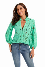 Load image into Gallery viewer, Embroidery Lace Hollow Out Lantern Sleeve Blouse Shirt