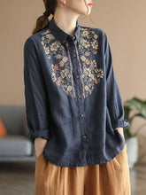 Load image into Gallery viewer, Boho Vietnamese Floral Embroidery Cotton Linen Shirt