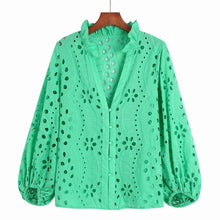 Load image into Gallery viewer, Embroidery Lace Hollow Out Lantern Sleeve Blouse Shirt