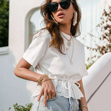 Load image into Gallery viewer, Ruffled Drawstring Waistband White T-shirt