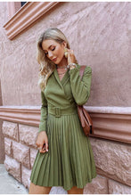 Load image into Gallery viewer, Olive Green Pleated Belt Blazer Chic Dress