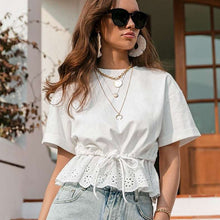 Load image into Gallery viewer, Ruffled Drawstring Waistband White T-shirt