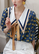 Load image into Gallery viewer, Retro French Style Contrast Collar Bow Tie Blouse - Pretty Fashionation