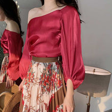 Load image into Gallery viewer, Satin One Shoulder Lantern Sleeve Blouses - Pretty Fashionation