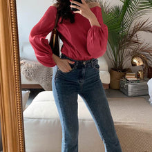 Load image into Gallery viewer, Satin One Shoulder Lantern Sleeve Blouses - Pretty Fashionation