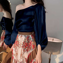 Load image into Gallery viewer, Satin One Shoulder Lantern Sleeve Blouses - Pretty Fashionation