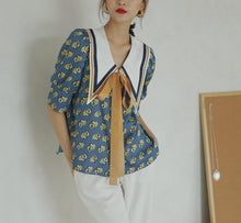 Load image into Gallery viewer, Retro French Style Contrast Collar Bow Tie Blouse - Pretty Fashionation