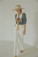 Load image into Gallery viewer, Retro French Style Contrast Collar Bow Tie Blouse - Pretty Fashionation