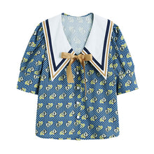 Load image into Gallery viewer, Retro French Style Contrast Collar Bow Tie Blouse - Pretty Fashionation