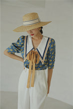 Load image into Gallery viewer, Retro French Style Contrast Collar Bow Tie Blouse - Pretty Fashionation