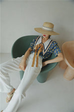 Load image into Gallery viewer, Retro French Style Contrast Collar Bow Tie Blouse - Pretty Fashionation