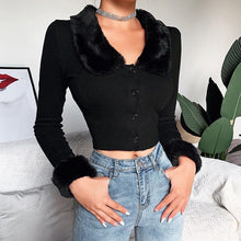 Load image into Gallery viewer, Fluffy Fur Collar Button Cropped Sweater
