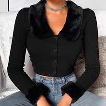 Load image into Gallery viewer, Fluffy Fur Collar Button Cropped Sweater