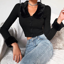 Load image into Gallery viewer, Fluffy Fur Collar Button Cropped Sweater