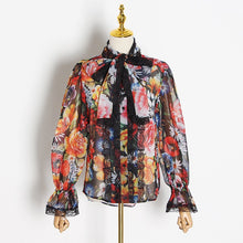 Load image into Gallery viewer, Designer Floral Bowknot Flare Sleeve Chiffon Lace Blouse - Pretty Fashionation