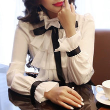 Load image into Gallery viewer, White Chiffon Butterfly Sleeve Ruffles Bow Blouse - Pretty Fashionation