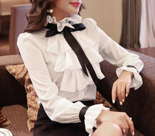 Load image into Gallery viewer, White Chiffon Butterfly Sleeve Ruffles Bow Blouse - Pretty Fashionation