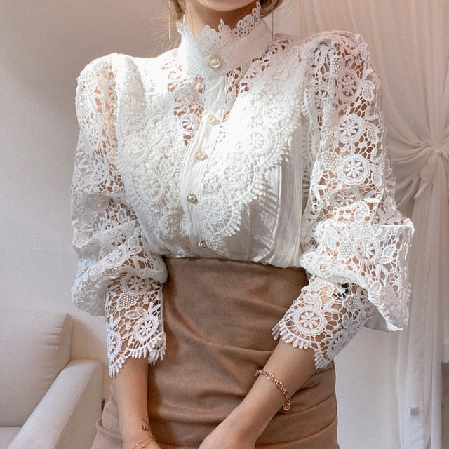 Petal Sleeve Hollow Out Flower Lace Blouse - Pretty Fashionation