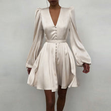 Load image into Gallery viewer, Satin Fit and Flare Lantern Sleeve Empire Dress