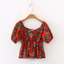 Load image into Gallery viewer, Floral High Waist Puff Sleeves Ruffles Blouse - Pretty Fashionation