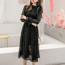 Load image into Gallery viewer, Vintage Black Polka Dot Pleated Chiffon Midi Dress - Pretty Fashionation