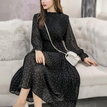 Load image into Gallery viewer, Vintage Black Polka Dot Pleated Chiffon Midi Dress - Pretty Fashionation