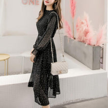 Load image into Gallery viewer, Vintage Black Polka Dot Pleated Chiffon Midi Dress - Pretty Fashionation
