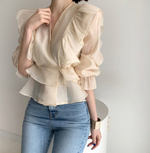 Load image into Gallery viewer, Ruffled Deep V-neck Silk Vintage Chiffon Blouse - Pretty Fashionation