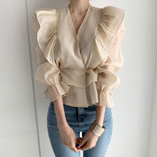 Load image into Gallery viewer, Ruffled Deep V-neck Silk Vintage Chiffon Blouse - Pretty Fashionation
