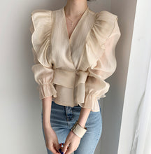 Load image into Gallery viewer, Ruffled Deep V-neck Silk Vintage Chiffon Blouse - Pretty Fashionation