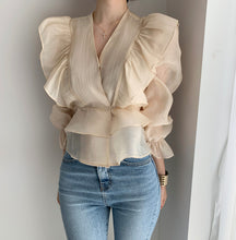 Load image into Gallery viewer, Ruffled Deep V-neck Silk Vintage Chiffon Blouse - Pretty Fashionation