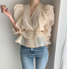 Load image into Gallery viewer, Ruffled Deep V-neck Silk Vintage Chiffon Blouse - Pretty Fashionation