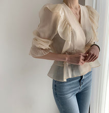 Load image into Gallery viewer, Ruffled Deep V-neck Silk Vintage Chiffon Blouse - Pretty Fashionation