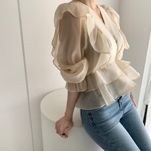 Load image into Gallery viewer, Ruffled Deep V-neck Silk Vintage Chiffon Blouse - Pretty Fashionation
