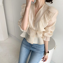 Load image into Gallery viewer, Ruffled Deep V-neck Silk Vintage Chiffon Blouse - Pretty Fashionation