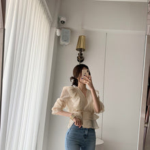 Load image into Gallery viewer, Ruffled Deep V-neck Silk Vintage Chiffon Blouse - Pretty Fashionation