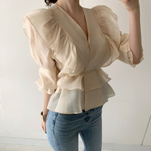 Load image into Gallery viewer, Ruffled Deep V-neck Silk Vintage Chiffon Blouse - Pretty Fashionation