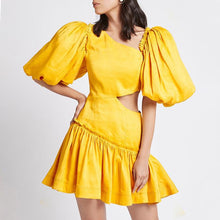 Load image into Gallery viewer, Designer Asymmetric Skew Collar Puff Sleeve Mini Dress - Pretty Fashionation